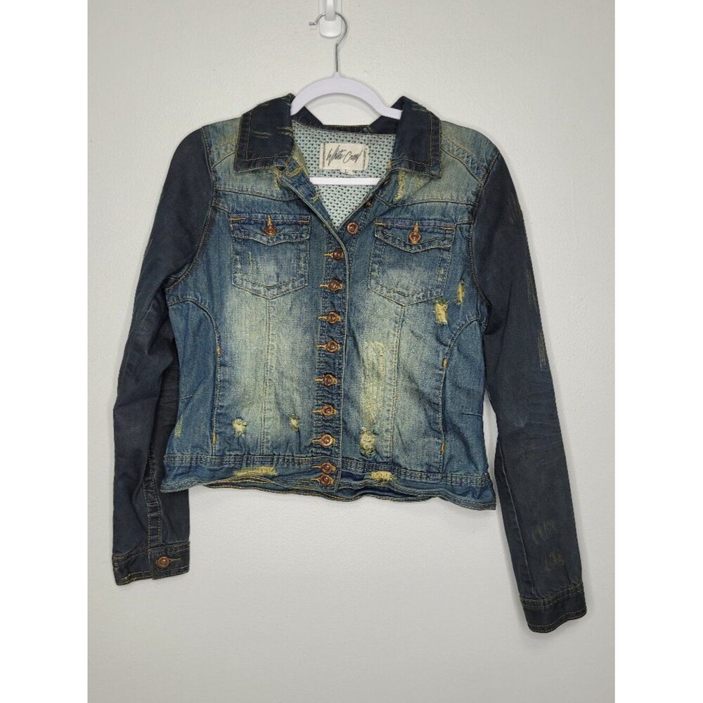 Winter Crow grunge green button front distressed street wear denim jacket large